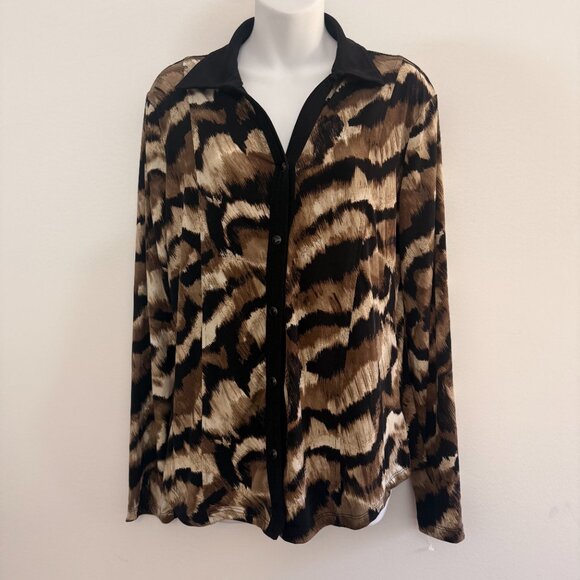 JM Collection Animal Print Snap-Front Blouse | Brown & Black | Size M - Picture 2 of 8